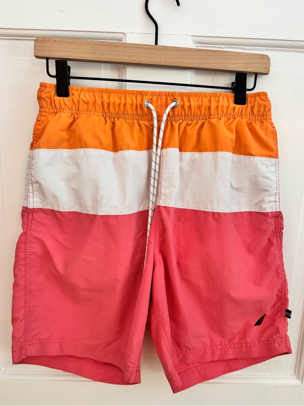 Nautica Men’s Orange, White & Pink Colorblock Swim Quick-Dry Shorts, Size Medium